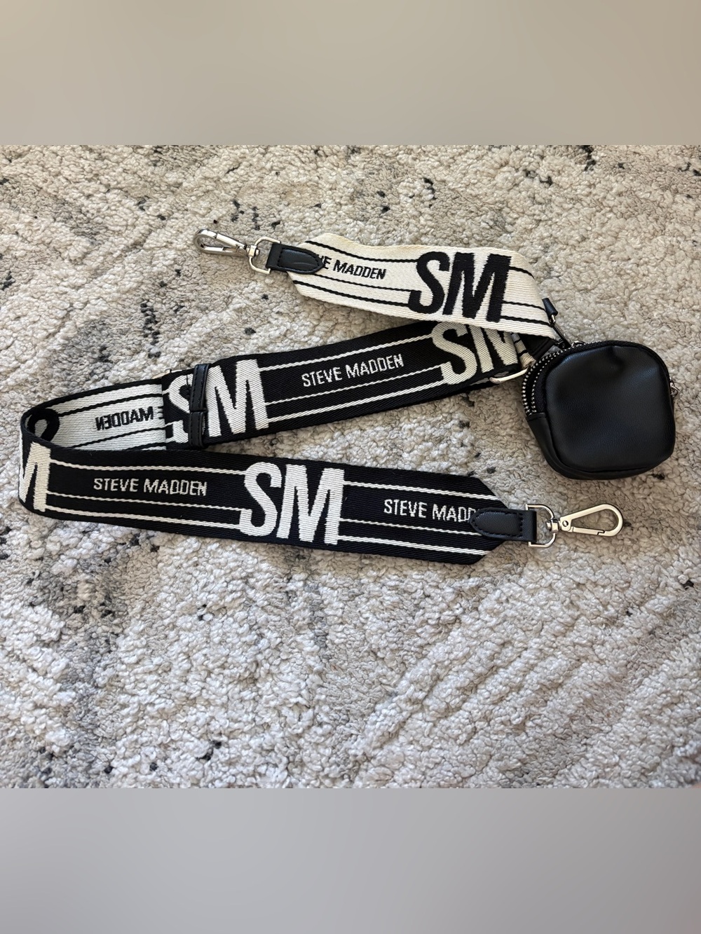 Steve Madden Black & White Logo Webbing Messenger Strap with Clip